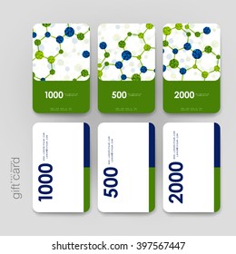 Gift coupon, discount card template with DNA molecule background. Creative layout design