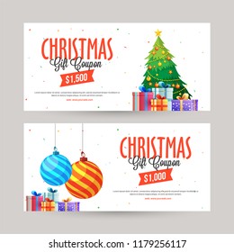 Gift Coupon mockup with different discount offers and Christmas Ornaments on white background for Merry Christmas celebration.