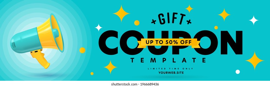 Gift coupon template with up to 50 percent off limited time. Voucher layout with special sale offer for customer. Realistic megaphone loudspeaker and promotion text design vector illustration