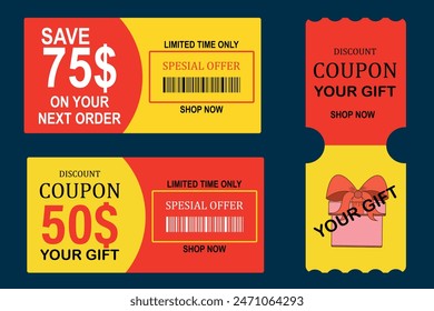 Gift coupon and voucher with discount code and gift. Tear-off ticket, gift card with a special offer for purchase.