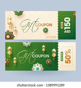 Colección de cupones de regalo o de cupones con diferentes ofertas de descuento para el festival islámico.