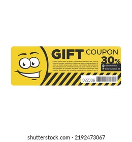 Gift coupon. Yellow discount vouchers with promo code, text sample and cute smiling face. Flat vector illustrations for sale season, special offer, loyalty program concept