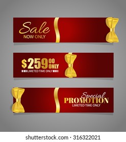 Gift coupons with gift bows and ribbons. Vector illustration.