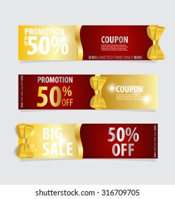 Gift coupons with gift bows and ribbons. Vector illustration.