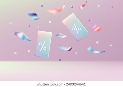 Gift coupons, confetti. Flying voucher, online purchase, big discounts. Holiday sale of goods. Flying cards with low interest rates. Advantageous offer, gift bonus, voucher, prize, promotion. Vector.