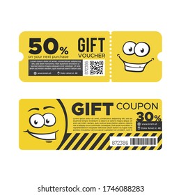 Gift coupons set. Yellow discount vouchers with promo code, text sample and cute smiling face. Flat vector illustrations for sale season, special offer, loyalty program concept