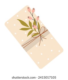 Gift in craft modern eco packaging. Wrapped gift with branch. DIY floral leaf decor. Holiday present. Gift box in paper wrapping with plant decoration. Giftbox pack. Isolated flat vector illustration.