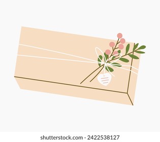 Gift in craft modern eco packaging. Wrapped gift with branch. DIY floral leaf decor. Holiday present. Tag in shape of heart. Giftbox pack. Gift box with plant decoration. Isolated vector illustration.