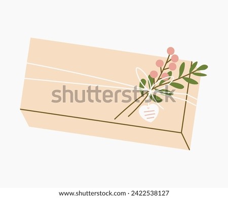 Gift in craft modern eco packaging. Wrapped gift with branch. DIY floral leaf decor. Holiday present. Tag in shape of heart. Giftbox pack. Gift box with plant decoration. Isolated vector illustration.