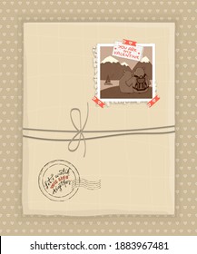 Gift in craft patterned paper. There is old archive retro photo of two hippos in mountains on present top with washi tape, newspaper and You are my Valentine text, old hand drawn stamp