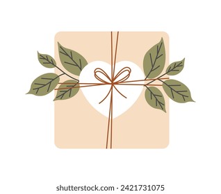 Gift in craft wrapping with branch. DIY eco packaging with  leaf plant. Handmade holiday gift box made from eco-paper. Flat vector illustration isolated on white background.