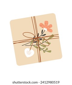 Regalo en artesanía envuelto con ramas y flores. Envase ecológico DIY con planta de hojas. Caja de regalo de vacaciones hecha a mano hecha con papel ecológico. Etiqueta en forma de corazón. Ilustración vectorial plana sobre fondo blanco.