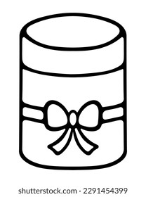 Gift in a cylindrical box. Sketch. Surprise in a rounded package, tied in the middle with a ribbon with a bow. Vector illustration. Isolated background. Coloring book. Doodle style. Nice present. 