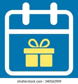 Gift Date vector icon. Style is bicolor flat symbol, yellow and white colors, rounded angles, blue background.