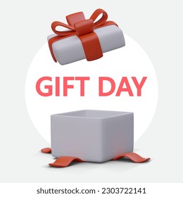Gift Day. 3D illustration with text. Open gift box tied with red ribbon. Event advertising to attract customers. Vertical template with ready made design