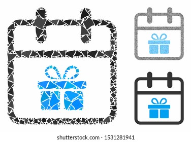 Gift day composition of abrupt parts in different sizes and shades, based on gift day icon. Vector trembly parts are organized into composition. Gift day icons collage with dotted pattern.