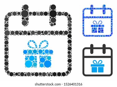 Gift day composition for gift day icon of circle elements in various sizes and shades. Vector circle elements are combined into blue collage. Dotted gift day icon in usual and blue versions.