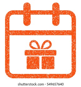 Gift Day grainy textured icon for overlay watermark stamps. Flat symbol with unclean texture. Dotted vector orange ink rubber seal stamp with grunge design on a white background.