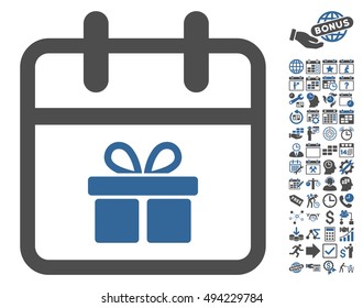Gift Day icon with bonus calendar and time management icon set. Vector illustration style is flat iconic bicolor symbols, cobalt and gray colors, white background.