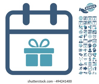 Gift Day icon with bonus calendar and time management graphic icons. Vector illustration style is flat iconic bicolor symbols, cyan and blue colors, white background.