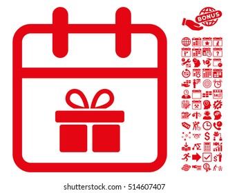 Gift Day pictograph with bonus calendar and time management icon set. Vector illustration style is flat iconic symbols, red color, white background.
