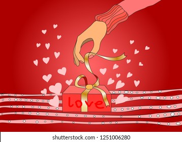 A gift with the day of Saint Vallentin, which is unpacked on a red background