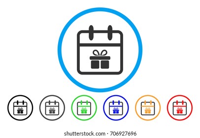 Gift Day vector rounded icon. Image style is a flat gray icon symbol inside a blue circle. Additional color versions are gray, black, blue, green, red, orange.