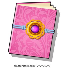 Gift decorated book with pink florid ornament isolated on a white background. Vector cartoon close-up illustration.