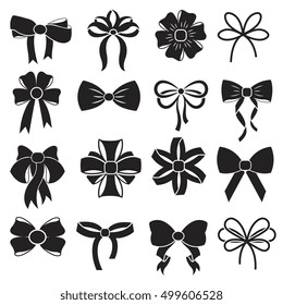 Gift decorative ribbon bow vector icons set. Satin accessory for present to xmas and birthday illustration