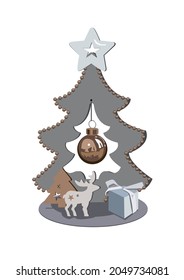 Gift and deer on the background of a Christmas tree with stars and a Christmas tree toy.