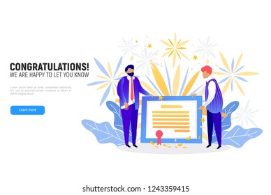Gift or degree certificate receiving. Award accomplishment. Man holding diploma and giving it to happy winner