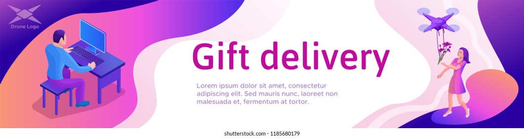Gift delivery banner with romantic couple, man sending present to girl by autonomous drone, copter delivering flowers, 3d isometric vector illustration with people and modern technolodgy device