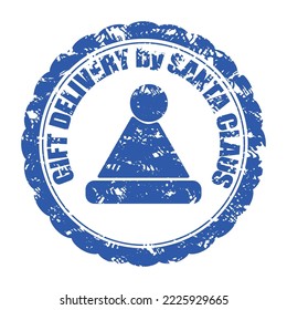 Gift delivery by santa claus rubber stamp texture, christmas service. Vector illustration. Claus gift mail, rubber stamp, retro blue texture, season postal design, holiday dilivery, xmas postmark