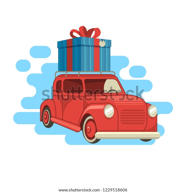 Gift delivery. The car carries a gift on the\
roof. Vector illustration