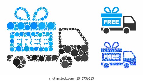 Gift delivery car composition of spheric dots in various sizes and color tinges, based on gift delivery car icon. Vector round dots are organized into blue composition.