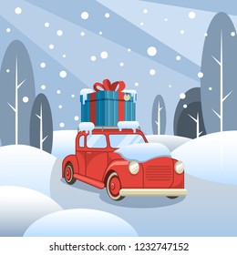 Gift delivery. The car goes through the winter forest with a box on the roof. Vector illustration