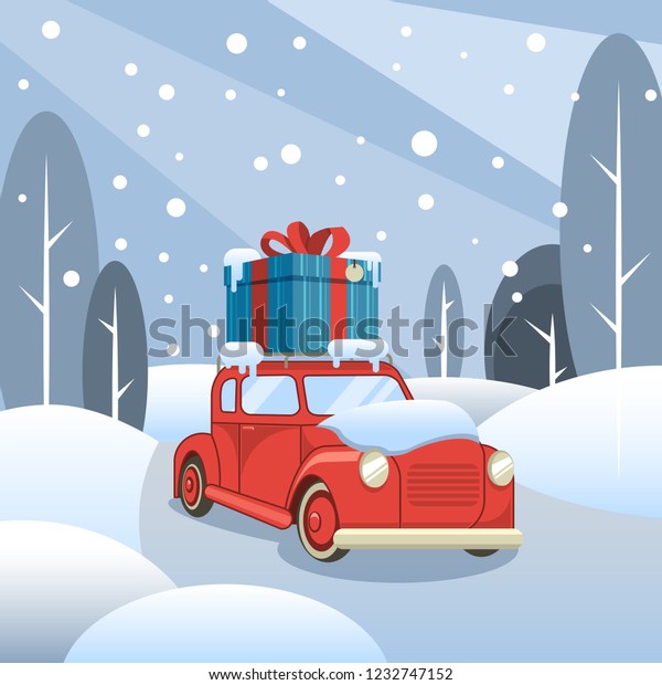 Gift delivery. The car goes\
through the winter forest with a box on the roof. Vector\
illustration