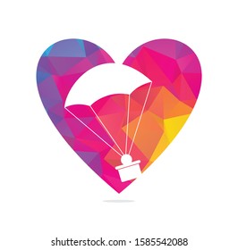 Gift delivery heart shape vector logo design. Parachute gift delivery concept emblem.	