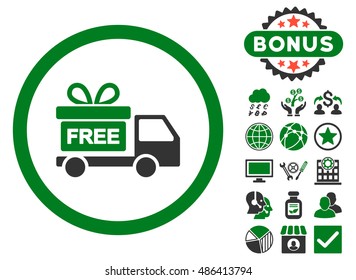 Gift Delivery icon with bonus design elements. Vector illustration style is flat iconic bicolor symbols, green and gray colors, white background.