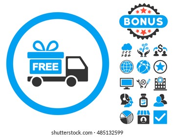 Gift Delivery icon with bonus symbols. Vector illustration style is flat iconic bicolor symbols, blue and gray colors, white background.
