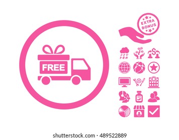 Gift Delivery icon with bonus symbols. Vector illustration style is flat iconic symbols, pink color, white background.