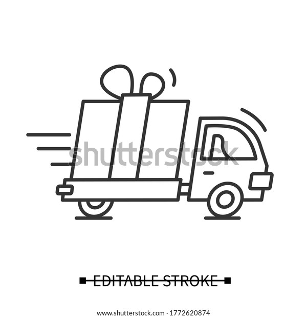 Gift delivery icon. Fast speed truck with\
gift box linear pictogram. Concept of free online purchase or order\
shipping and courier expenses discount. Editable stroke vector\
illustration