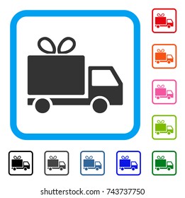 Gift Delivery icon. Flat grey iconic symbol in a blue rounded frame. Black, gray, green, blue, red, orange color additional versions of Gift Delivery vector. Designed for web and application UI.