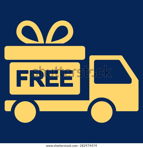 Gift delivery icon. Style: flat symbol,\
yellow color, rounded angles, blue\
background.