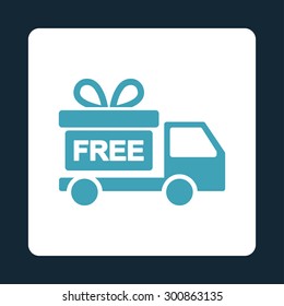 Gift delivery icon. Vector style is blue and white colors, flat rounded square button on a dark blue background.