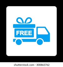 Gift delivery icon. Vector style is blue and white colors, flat rounded square button on a black background.