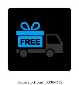 Gift delivery icon. Vector style is gray and light blue colors, flat rounded square black button on a white background.