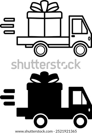 Gift Delivery Icons. Black and White Vector Icons. Car Carrying Big Gift Box. Holiday Concept
