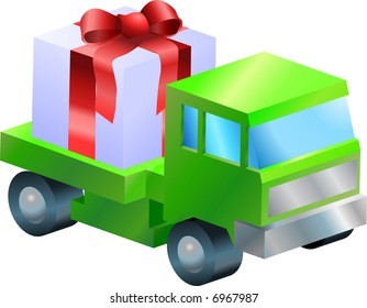 gift delivery illustration. A truck or lorry carrying a nicely wrapped gift