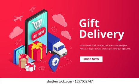 Gift Delivery isometric banner concept with smartphone, gift box, truck, pin, text on red background. Holiday online store order shipping service 3d design. Vector illustration for web, mobile app, ad